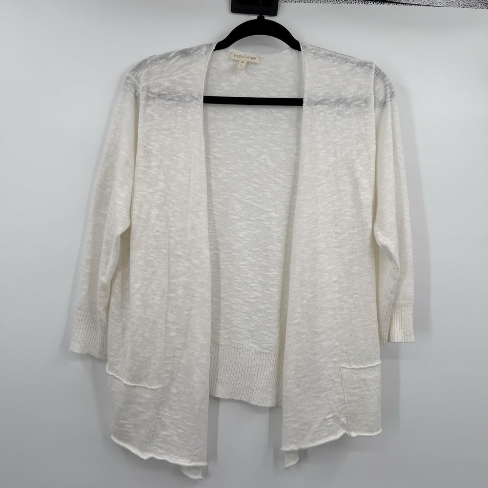 Eileen Fisher Cardigan Womens Medium White Open-Knit Linen Cotton Lightweight